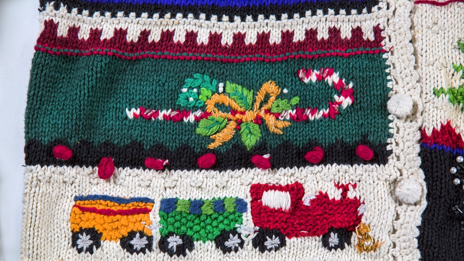 detailed shot of crocheted ugly Christmas sweater